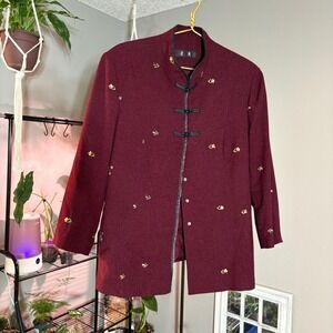 Asian Style Embroidered Jacket Mandarin‎ Collar Frog Closures Burgundy